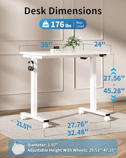 Okin Small Electric Standing Desk, 36" x 24" Whole Piece Height Adjustable Desk, White Sit to Stand Computer Workstation with Wheels for Home Office