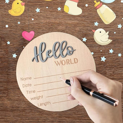 Baby Announcement Sign, 5.9 Inch Wooden Hello World Newborn Signs, Birth Announcement Sign, Baby Shower Hospital Nursery for Newborn Boys and Girls (Gray)