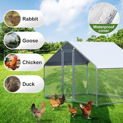 Chicken Coop Large Metal Chicken Coops House/Pen for 6-10 Chickens with Waterproof Cover Walk-in Poultry Cage for Chickens Chicken Run for Outdoor Farm Use