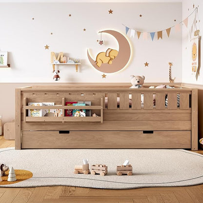 Bellemave Twin Bed with Trundle Twin and Stairs, Twin Size Platform Bed Frame with Fence and Bookshelf, Easy Assemble Beds for Kids, Girls, Boys, Natural
