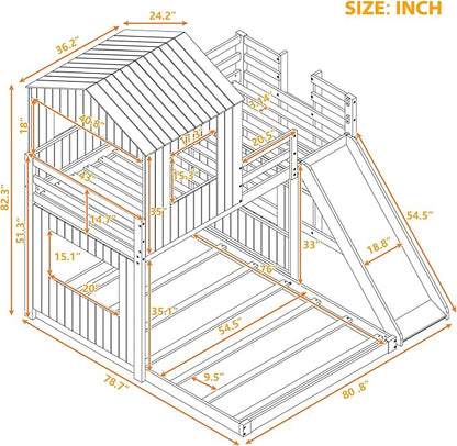 MERITLINE House Bed Bunk Beds with Slide Twin Over Full Size Bunk Bed Frame with Slide,Wooden Playhouse - Design Slide Bunk Beds Twin Over Full Bunk for Boys and Girls