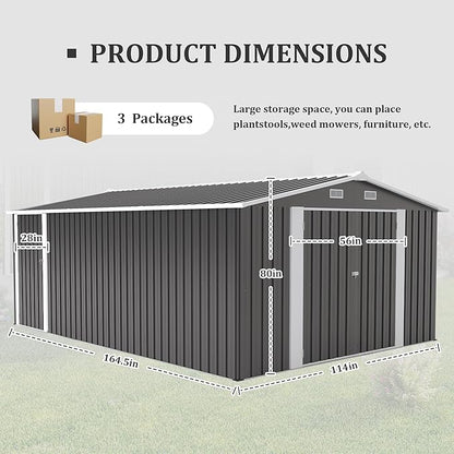10x14 FT Outdoor Storage Shed, Metal Shed with Floor, Lockable Door & Vents, All-Weather Resin Shed for Garden, Backyard, Patio, Lawn, Dark Gray