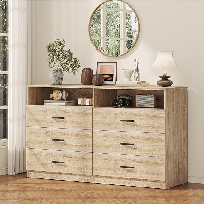 Bigbiglife 6 Drawers Dresser for Bedroom Wooden Drawer with Open Storage Cubby, Double Wide Dresser Organizer for Bedroom, Living Room, Entryway, Hallway (Light Oak)