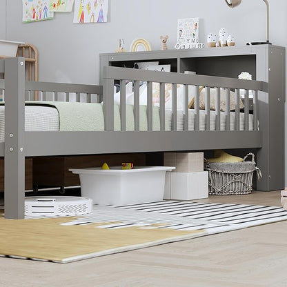Wood Twin Size Platform Bed with Safety Fence for Kids Boys Girls, Platform Bed Frame with Practical Headboard and 2 Under-Bed Drawers, Sturdy Slats Support (Gray-3.15)