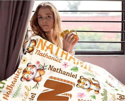 Personalized Custom Tiger Blanket Gifts for Kids Boys Girls with Name - Customized Tiger Super Soft Lightweight Flannel Sheets Decor for Crib Nap Couch - 50"x60" for Teens