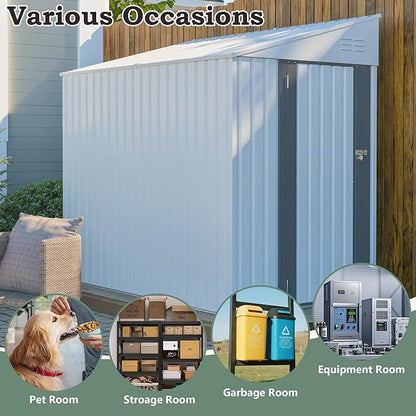 4x8 FT Outdoor Storage Shed,Lean to Lockable Metal Garden Shed Steel with Reinforced Beams,All Weather Waterproof Storage House W/Lockable Door&2 Air Vents,for Backyard,Patio,Lawn,Garden,White