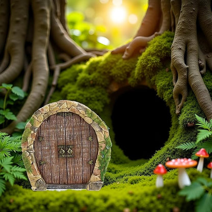Brown Mini Fairy Garden Door for Tree, 3D Miniature Fairy Door, Bonsai Terrarium Micro Landscape Decoration Accessories, Garden Miniatures