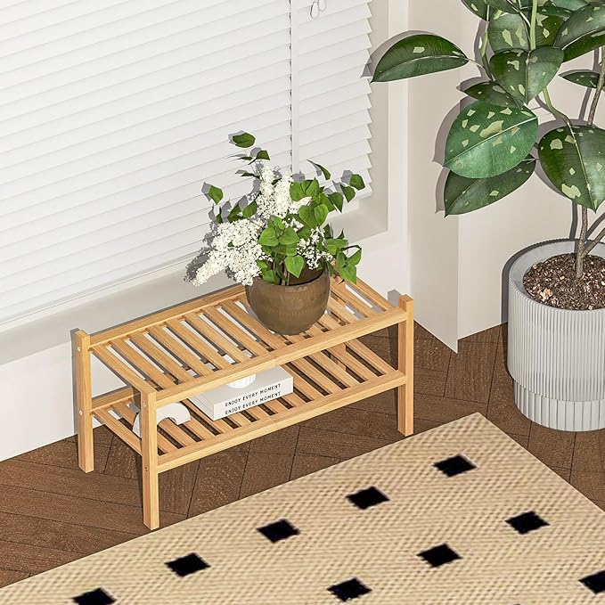 Bamboo Shoe Rack 2-Tier Organizer-Stackable Storage Shelf with Multi-Function Combinations-Free Standing Shoe Racks for Closet,Entryway,Hallway,Bathroom,Living Room Shoe Organization (Natural, 2-Tier)