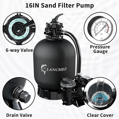 LANCHEZ 16" Sand Filter Pump for Above Ground Pool with Timer, 1.5 HP, Max 4900 GPH for Pools Up to 16000 GAL, 6-Way Valve Pool Sand Filter System, Enhanced Circulation for Crystal-Clear Pool