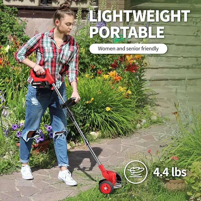 Cordless Weed Wacker, Electric Weed Eater with 4 Types of Blades & 2 * 2.0Ah Batteries, Lightweight Brush Cutter Foldable String Trimmer, Battery Powered Lawn Mover for Lawn Yard (Red)
