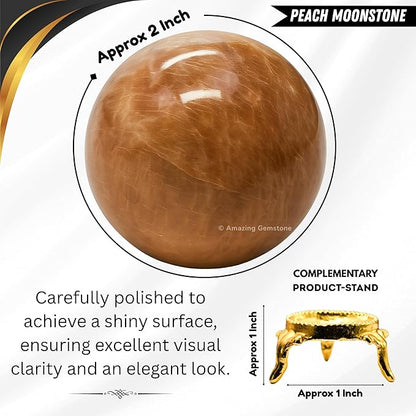 Amazing Gemstone Peach Moonstone Crystal Ball with Stand - 2 Inches Crystal Sphere Meditation Balls for Witchcraft and Decorative Balls