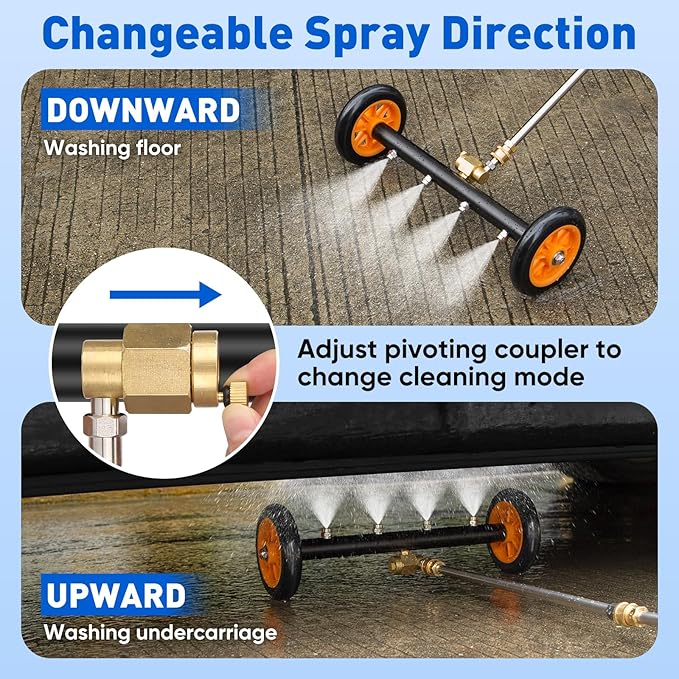 2-in-1 16' Undercarriage Pressure Washer Water Broom, 4000PSI Under Car Pressure Washer Attachment with 3 Pieces Extension Wand & Hub Brusher, Surface Cleaner (without Bottle& Replaceable Nozzle)