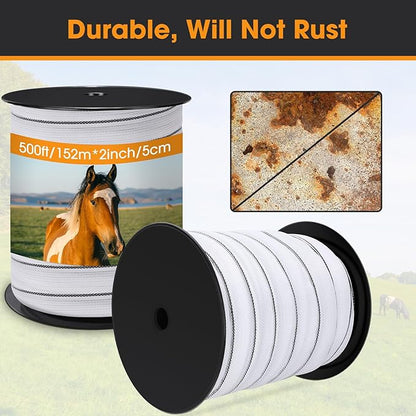 2 Inch x 1500ft/ 457m Electric Fence Tapes with High Visibility 3 Rolls Each 500ft Electric Horse Fence Kit for Horse Livestock
