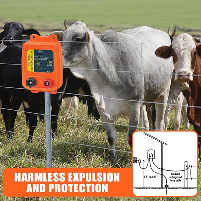 Electric Fence Charger PE2 0.10 Joule, 2-Mile/ 8 Acres Plug in Electric Fence Charger, for Dogs, Livestock, Squirrels, Chicken Coops (Orange)