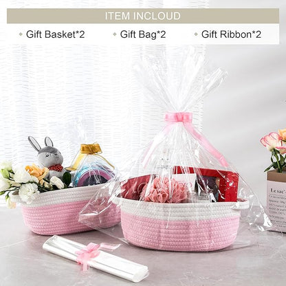 LANDNEOO Small Woven Basket with Gift Bags and Ribbons, Empty Decorative Gift Chest Box, Cute Baby Gift Basket for Nursery, Cotton Rope Room Shelf Storage Basket with Handles, 12"x 8"x 5", Pink