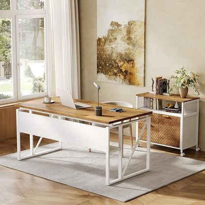 LITTLE TREE 63-Inch Office Desk with 31.5-Inch Lateral File Cabinet, Study Writing Desk Computer Desk for Home Office
