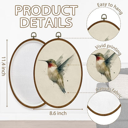 WULQYING Vintage Hummingbird Wall Art Decor, Rustic Farmhouse Bird Oval Framed Canvas Art Prints, Neutral Cottagecore Hummingbird Bird Wall Hanging Decor for Home Bedroom Living Room, 8.6x11.4 Inches