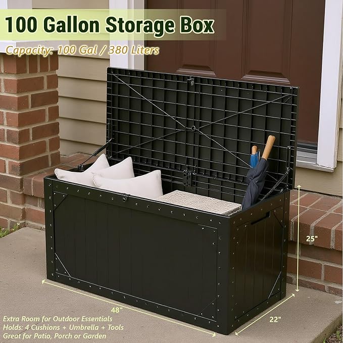 100 Gallon Resin Deck Box, Waterproof Outdoor Storage Bin for Patio Furniture, Pool Accessories, and Garden Tools, Lockable & UV-Resistant, Black