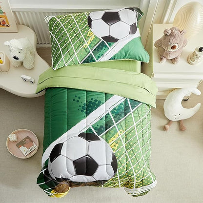 4 Pieces Soccer Toddler Bedding Set for Boys Girls Yellow Green Soccer Field Toddler Bed Set with Goal Cute Toddler Bed in a Bag with Sheet Set and Pillow Shams