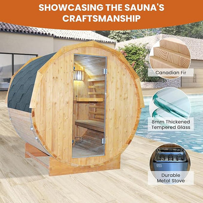 Outdoor Traditional Steam Sauna Barrel Sauna, 4 Person Outdoor Sauna 4.5KW/240V Stove Heater, Finnish Carbonized Spruce with Wooden Barrel, Spoon, Sauna Stone, LED Light - 59 * 70.9 * 75.9 in