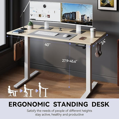 Electric Standing Desk Adjustable Height 40"x24" Stand Up Desk with Lockable Wheels Ergonomic Sit Stand Desk for for Work Office Home Computer Workstation (Nature)