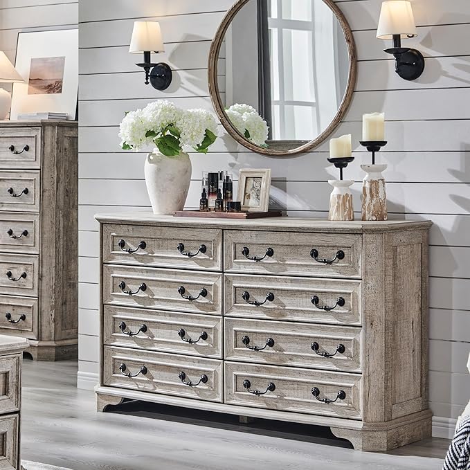 T4TREAM Farmhouse 8 Drawers Dresser for Bedroom, 54" Wide Wood Rustic Chest of Drawers with Natural Texture, Vintage Design, Storage Dressers Organizer for Bedroom, Living Room, Light Rustic Oak