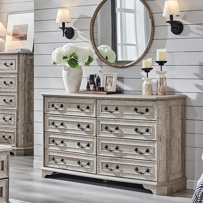 T4TREAM Farmhouse 8 Drawers Dresser for Bedroom, 54" Wide Wood Rustic Chest of Drawers with Natural Texture, Vintage Design, Storage Dressers Organizer for Bedroom, Living Room, Light Rustic Oak