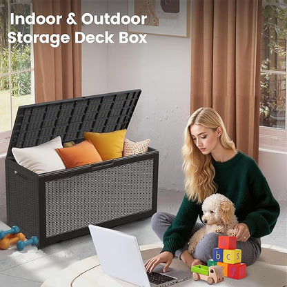 100 Gallon Storage Box, Waterproof Resin Deck Box with Hydraulic Piston Design, Lockable Storage Bench for Package Delivery, Storage Bin for Patio Cushions, Garden Tools, Black
