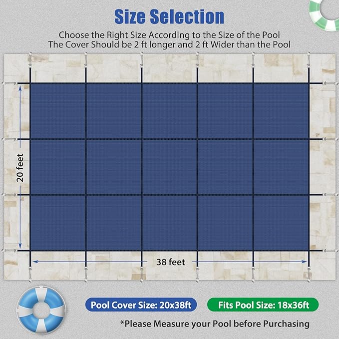 Inground Pool Cover Safety Fits Rectangle Swimming Pool, Mesh Solid Pool Cover for Inground Pools,Winter Pool Safety Cover Includes Safety Net and Installation Tools Blue (Blue, Fits 18x36ft Pools)