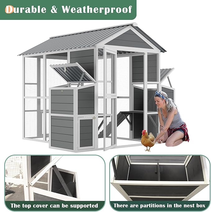 Outdoor Wooden Chicken Coop for 10 Chickens,Large Hen House Poultry Habitat Pet Hutch Run Cage with 2 Chicken Nesting Boxes,Walk in Chicken Coops Run W/Ramp and Run,Waterproof Roof,(80"×82"×69")