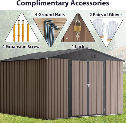 10x10 FT Outdoor Storage Shed, Large Metal Garden Shed with Lockable Hinged Doors, Outside Tool Shed with Sloped Roof & 4 Air Vents, Waterproof Storage Building for Backyard, Patio, Lawn, Brown