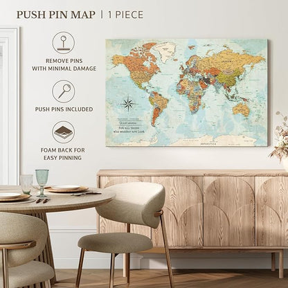 ElephantStock - Personalized Wanderer Push Pin World Map Wall Art - Horizontal Canvas Wall Art - Living Room Wall Decor - Digital Art Map Canvas Art - Orange And Blue Decor - 39" x 26"