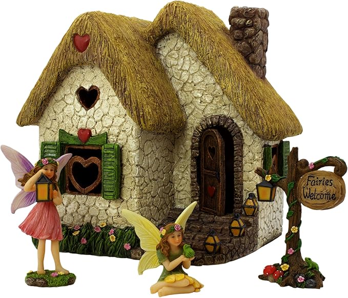 PRETMANNS Fairy House Kit - Fairy Garden Accessories for Outdoor Miniature Village Decor, with Fairies & Sign - House, 7’ High & Door can Open Wide - 4 Piece Supplies