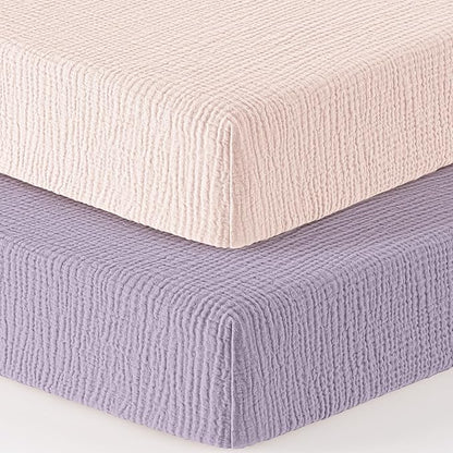 Bearmoss Muslin Crib Sheets - 100% Cotton Baby Crib Sheets Fitted for Standard Crib Mattress & Toddler Bed Mattress 52"x28" Soft Breathable Crib Sheet Neutral for Boys Girls - 2 Pack (Pink Purple)