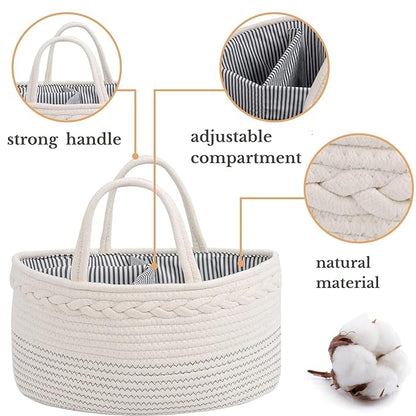 luxury little Diaper Caddy Organizer, Large Cotton Rope Nursery Baby Basket, Changing Table Organizer for Baby Diaper Storage, Portable Car Organizer with Removable Divider, Baby Shower Gifts - White