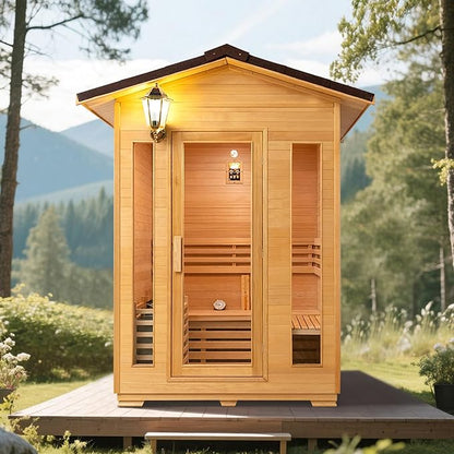 2 Person Outdoor Wooden Sauna Room,Canadian Cedar 220V 6KW Electric Stove Backyard Steam Sauna Kit with Light (Wood Color)