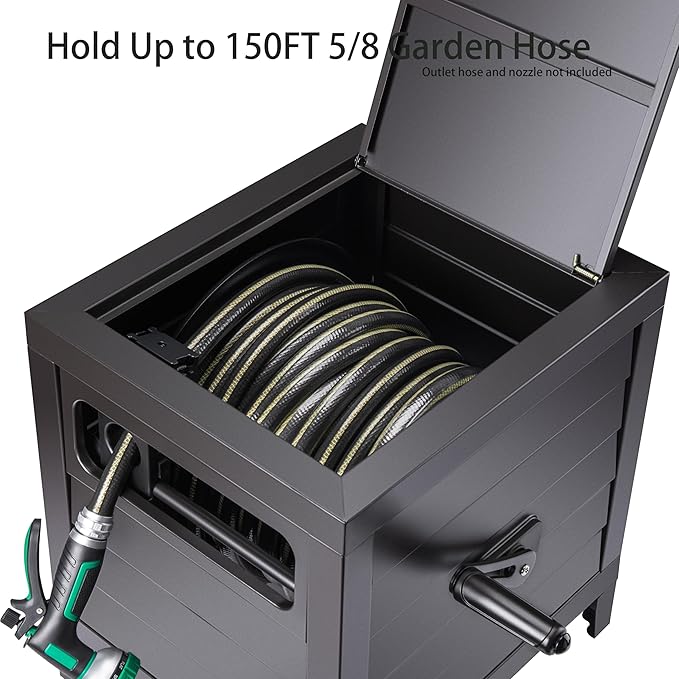 Metal Garden Hose Reel Deck box, Durable Steel Garden Hose Storage Box Cabinet, 150ft 5/8" Garden Hose Capacity. - Hose guide Manual Rewind, No-leak aluminum water connections