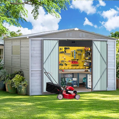 10x8 FT Wood Storage Shed, Large Outdoor Storage Shed with Lockable Door, Window and Vents,Outside Waterproof Wooden Metal Tool Storage for Garden, Patio, Lawn, Backyard (Gray)