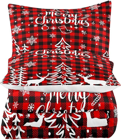 LUVIVIHOME 2PCS Christmas Comforter Set Twin Size, Plaid Bedding, Red and Black Buffalo Check Snowflake Forest Deer Merry Christmas Bedroom Decor, Soft Microfiber Quilt, Xmas Gifts, 1 Pillow Sham