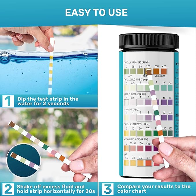 JNW 7-in-1 Pool Test Strips, 150 Quick & Accurate Test Strips for Pool Water, Spa Test Strips for Hot Tub, Chlorine Test Strips, Bromine, pH, Alkalinity, Hardness & More - Swimming Pool Test Kit