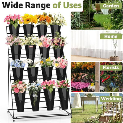 Flower Display Stand 4 Layers with 16 PCS Round Buckets, Plant Stand with Wheels, Movable Metal Plant Stand for Terrace Garden, Florist Shop