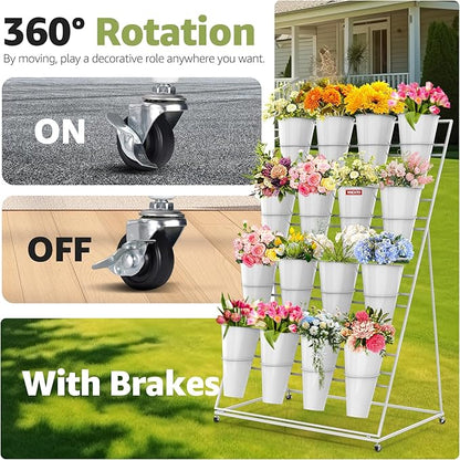Flower Display Stand 4 Layers with 16 PCS Round Buckets, Plant Stand with Wheels, Movable Metal Plant Stand for Terrace Garden, Florist Shop