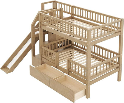 Twin Over Twin Bunk Bed with Storage Staircase, Solid Wood Bunk Bed Frame with Slide and 2 Drawers for Kids Teens Adult Bedroom, No Box Spring Needed (Walnut/63r)