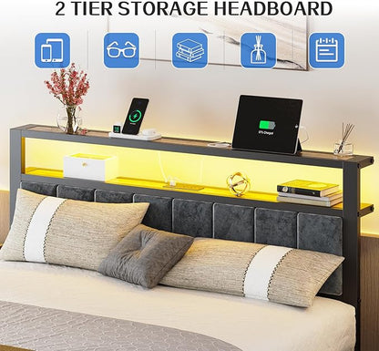 Queen Size Bed Frame with 2-Tier Storage Shelves Headboard, Platform Bed with