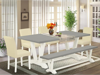 East West Furniture V097AB264-6 6 Piece Dining Table Set Contains a Rectangle Dining Room Table with V-Legs and 4 White Faux Leather Upholstered Chairs with a Bench, 40x72 Inch, Multi-Color