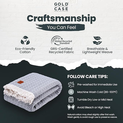 Gold Case Throw Blanket for Bed - 100% Recycled Turkish Cotton Blanket - Retro Lightweight Soft Throw Blankets for Bed & Living Room - Twin Size Cozy Blankets - 71x90 - Grey