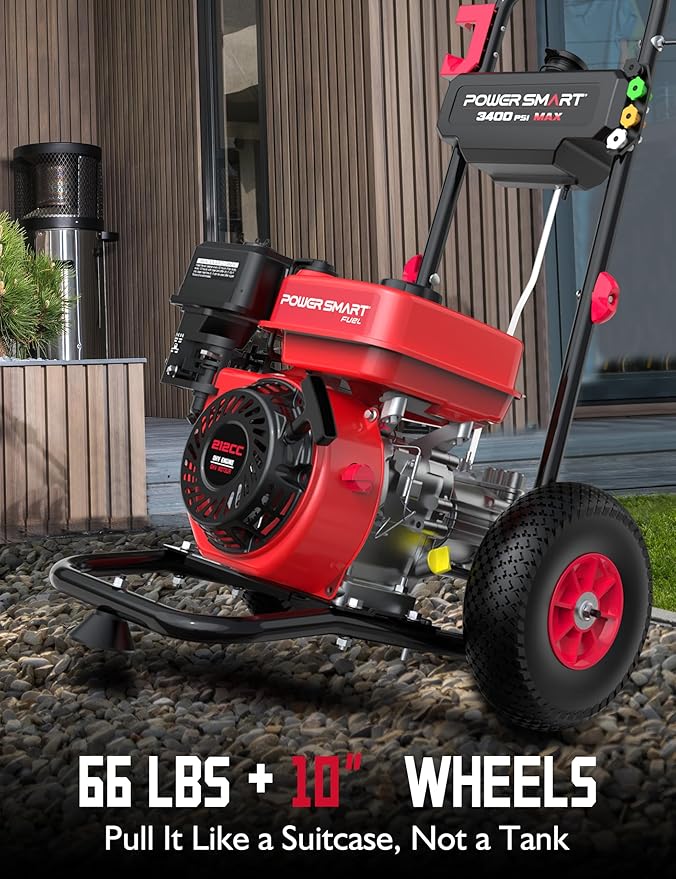 PowerSmart Gas Pressure Washer, 3400 PSI 2.5 GPM, 212CC, with Onboard Soap Tank, Metal Spray Wand, 5 Nozzles for Houses, Driveways, Walls, Cars, Fences, Patios