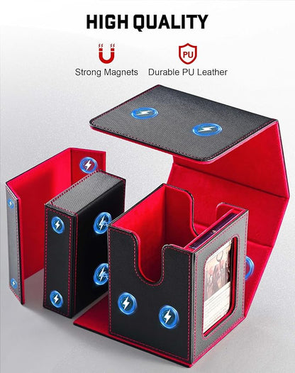 ZLCA MTG Commander Deck Box with Display Window, Deck Box Holds 100 Double-Sleeved with Dice Tray & 35pt Magnetic Card Holder（Black& Red）