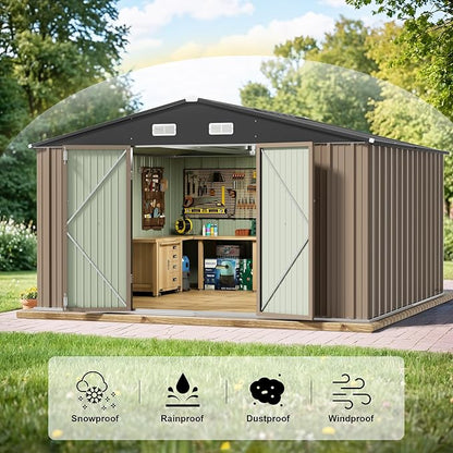 JUMMICO 8 x 10 FT Outdoor Storage Shed, Large Metal Garden Shed & Tool Sheds for Backyard Garden Patio Lawn (Brown)