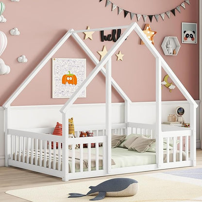 Bellemave Full Floor Bed for Kids, Girls, Boys, Wood House Bed Frame, House Floor Bed for Kids, Full Size Montessori Floor Bed with Fence, Playhouse, White